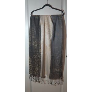 Reversible Floral Rose Pashmina Scarf Shawl Wrap Fringe Black Beige Gray